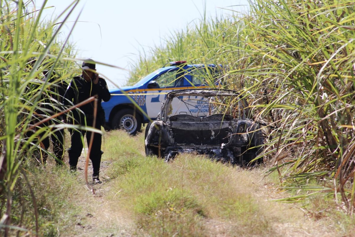 La Policía Nacional Civil inspecciona el lugar donde hallaron un automóvil carbonizado, en ruta a Puerto Quetzal, Escuintla. (Foto Prensa Libre: Redacción)