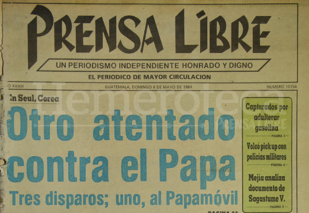 Titular de Prensa Libre del 6 de mayo de 1984. (Foto: Hemeroteca PL)