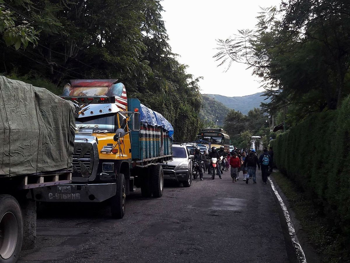 Largas filas de vehículos se formaron por un árbol que impidió el paso en la ruta. (Foto Prensa Libre: Ángel Julajuj)