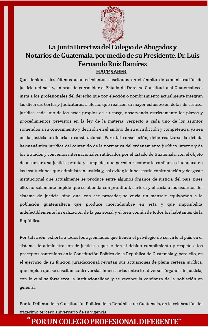 El Colegio de Abogados y Notarios de Guatemala emitió un comunicado en referencia a los temas judiciales. (Foto Prensa Libre: Cang)