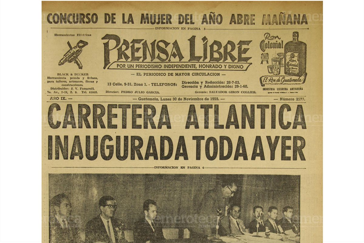 Portada de Prensa Libre del 30/11/1959 sobre la inauguración de la carretera al Atlántico. (Foto: Hemeroteca PL)