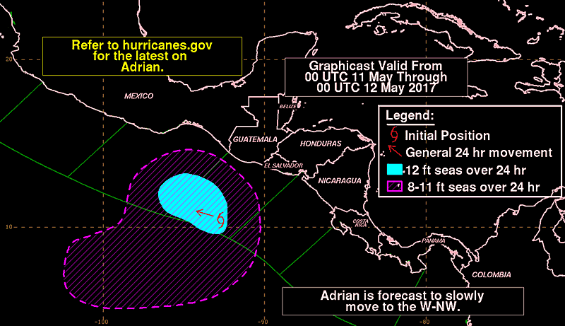 Adrián ha perdido fuerza durante el día y ya no se prevé que se convierten en un hurracán. (Foto Prensa Libre: @NHC_Pacific)