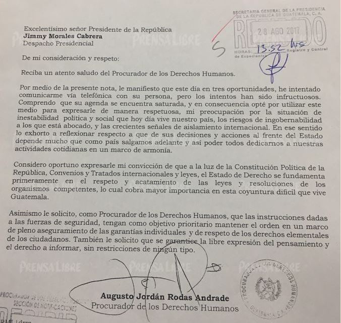 Carta que el procurador Jordán Rodas envió al presidente Jimmy Morales. (Foto Prensa Libre: PDH).