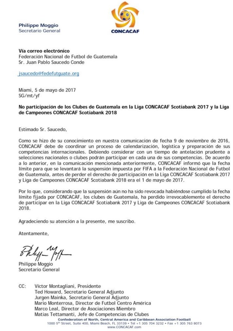 Carta enviada por Concacaf en la que confirma que los equipos nacionales no estarán en su torneo.