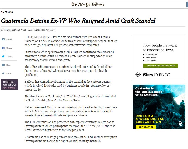 El The New York Times recoge la captura de la vicepresidenta y la señala con actos de corrupción. (Foto Prensa Libre)