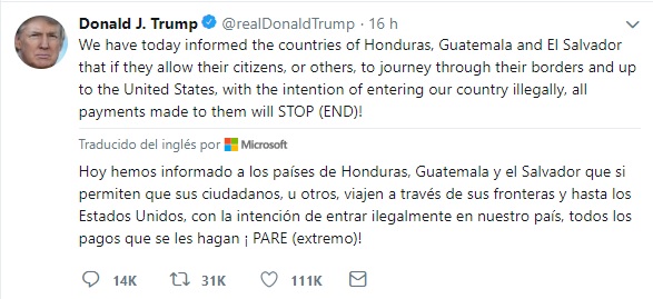 Trump amenaza con sanciones económica a Guatemala, Honduras y El Salvador si permiten el paso de inmigrantes indocumentados hacia EE.UU. (Foto Prensa Libre: Twitter)