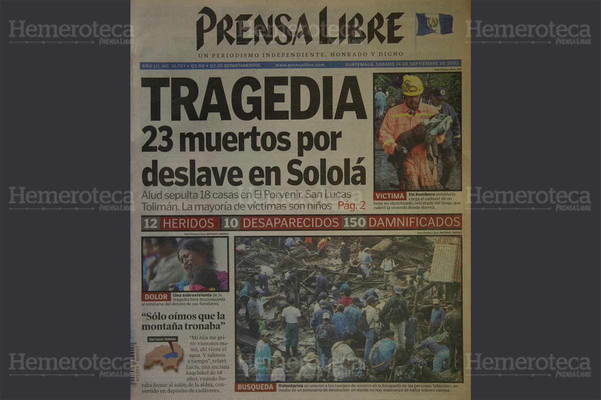 Portada del 14 de septiembre del 2002, donde se evidencia la tragedia en Sololá. (Foto: Hemeroteca PL)
