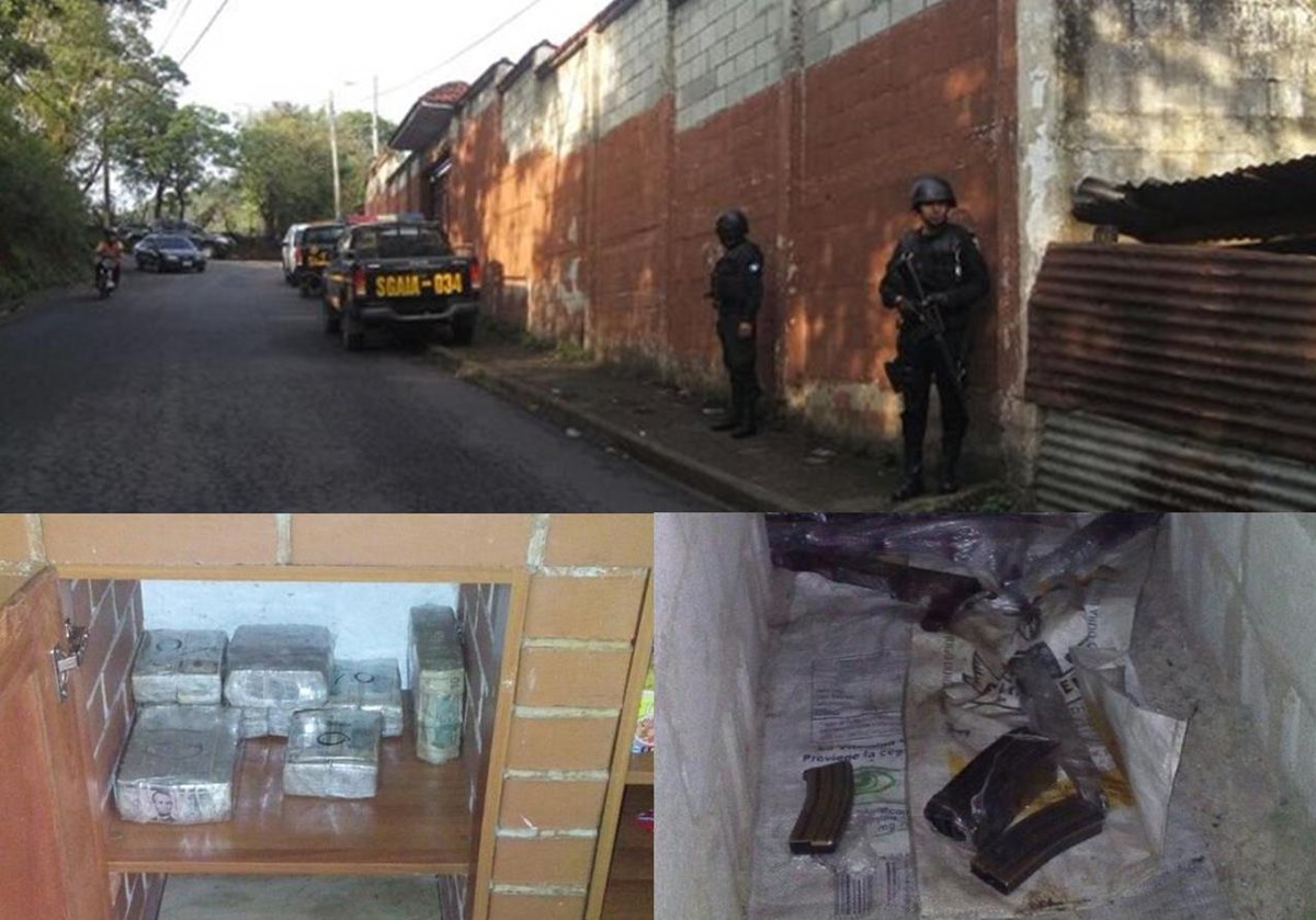 Autoridades allanan un inmueble en la aldea Las Anonas, San José Pinula, donde se localiza dinero en efectivo y armas de fuego. (Foto Prensa Libre: Twitter)