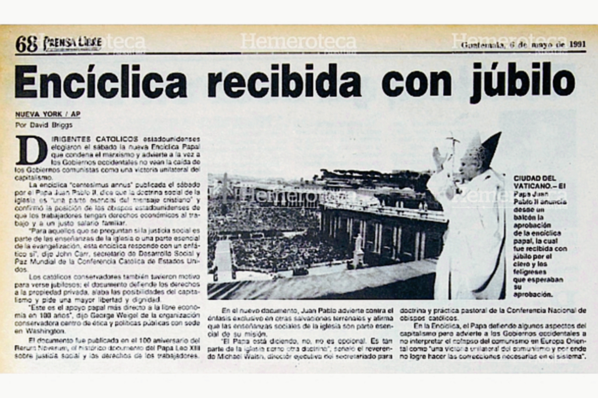 Nota de 6 de mayo de 1991 donde se anunciaba la promulgación de Centesimus Annus. (Foto: Hemeroteca PL)