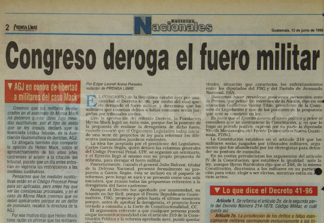 Nota del 13 de junio de 1996 informando sobre la derogación del fuero militar. (Foto: Hemeroteca PL)
