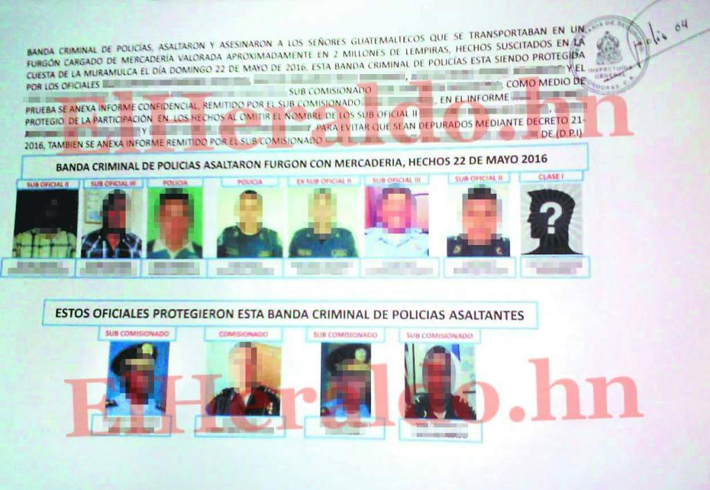 Parte del informe que la Inspectoría General de la Policía Nacional hondureña envió a la Comisión de Depuración de esa dependencia. (Foto Prensa Libre: Diario El Heraldo)