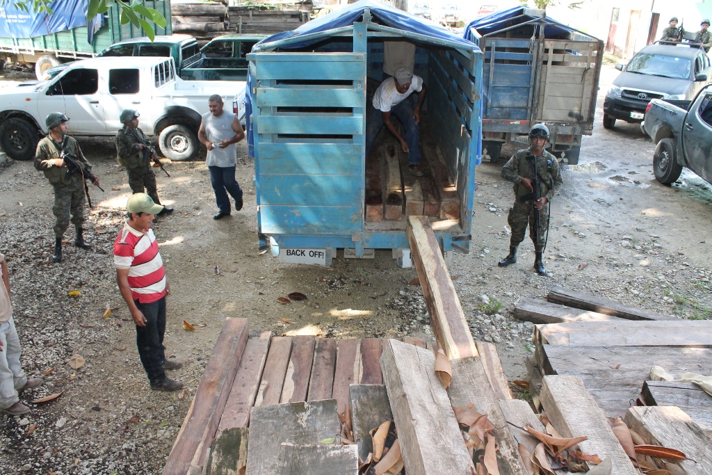 La madera incautada en varios sectores de Petén es almacenada en predios judiciales. (Foto Prensa Libre: Rigoberto Escobar)