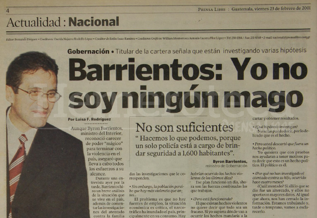 Entrevista al ministro de gobernación Byron Barrientos publicada el 23 de febrero de 2001. (Foto: Hemeroteca PL)