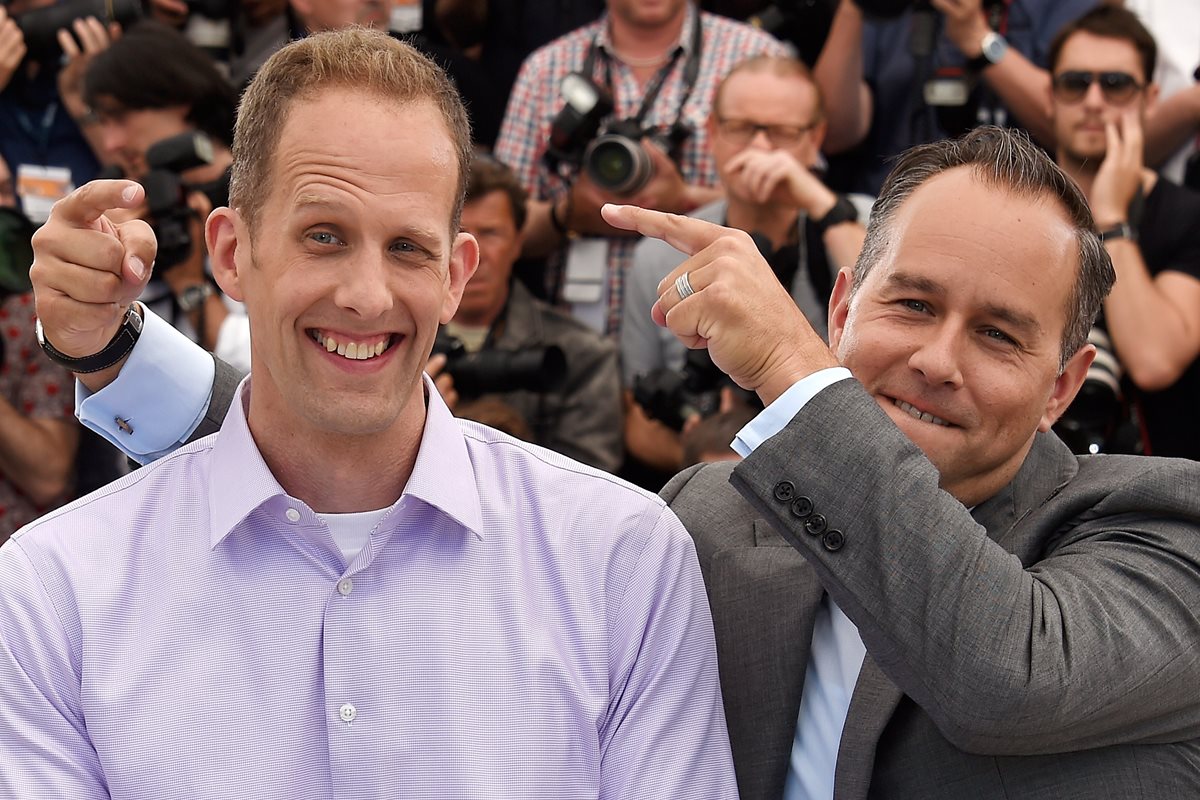 El director estadounidense Pete Docter (izquierda) y el productor estadounidense Jonas Rivera durante el 68 Festival de Cine de Cannes. (Foto Prensa Libre: AFP)