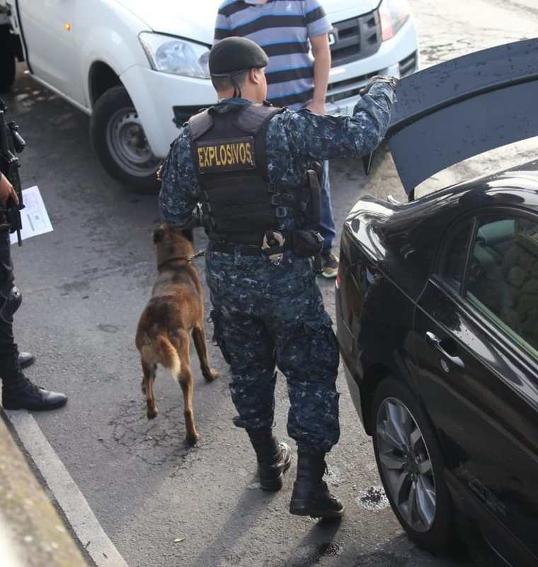 Si una persona se niega a bajar del vehículo se llama al MP y se lleva un perro adiestrado para que busque drogas.(Prensa Libre: PNC)