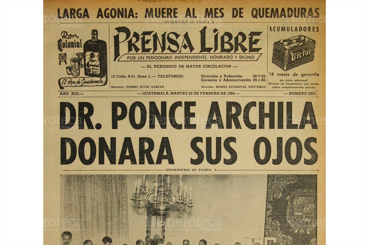 Portada del 25/02/1064 informa que el Dr. Ponce Archila donará sus ojos, para que le sean útiles a la ciencia. (Foto: Hemeroteca PL)