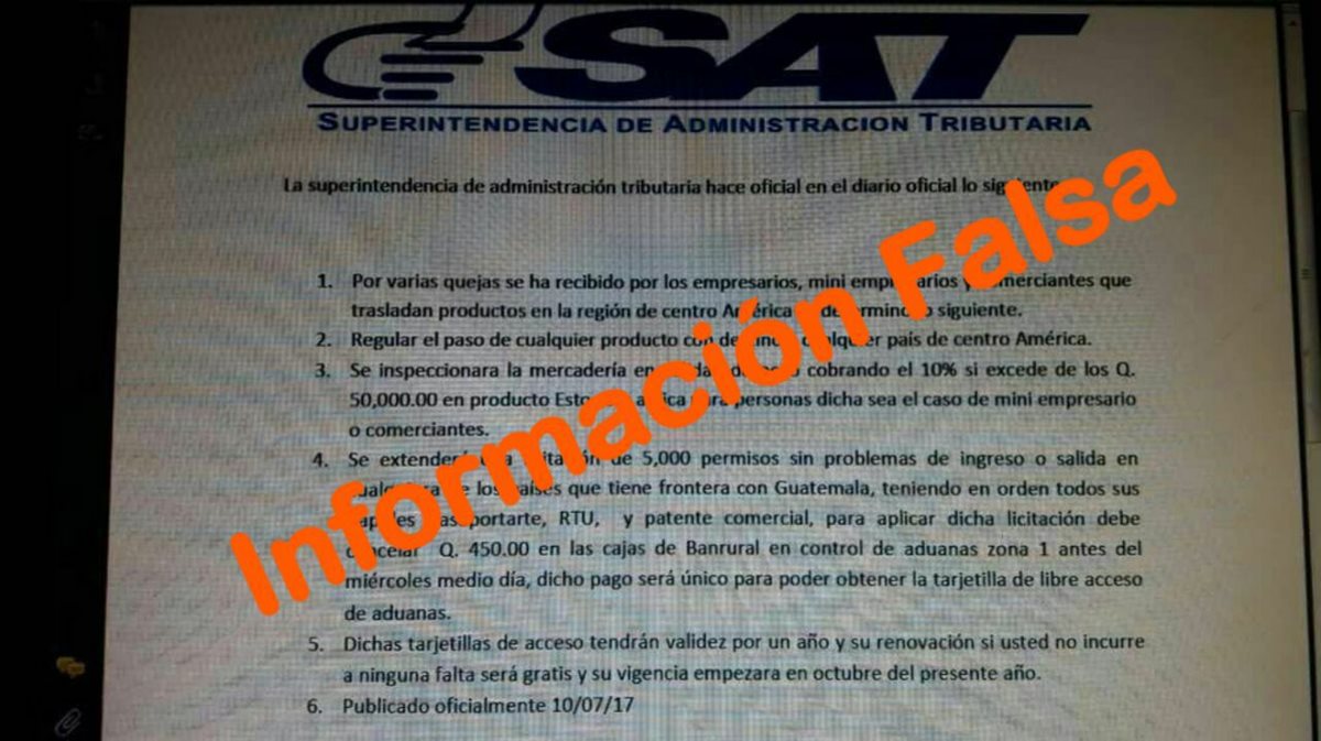La SAT en Facebook advierte a los contribuyentes que esta información es falsa. (Foto Prensa Libre: SAT)