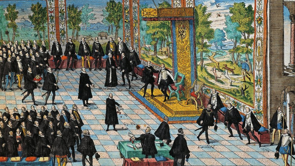 Ilustración de la abdicación de Carlos V y ascenso al trono de Felipe II. Con él, el imperio español llegó a su máximo esplendor. (Foto Prensa Libre: Getty Images)