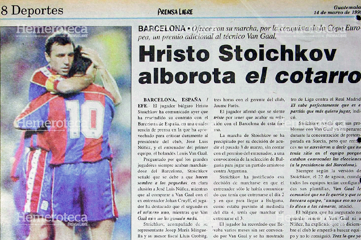 Nota de Prensa Libre sobre retiro de Stoichkov del FC Barcelona en 1998. (Foto PL: Hemeroteca)