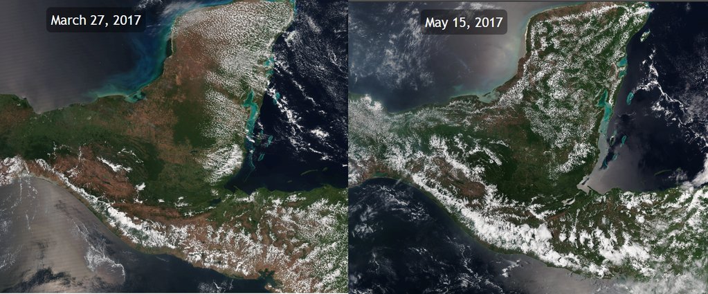 Imagen satelital muestra la deforestación, en marzo, y el crecimiento de la vegetación por la lluvia, en mayo. (Foto Prensa Libre: Cortesía Clima Guatemala)