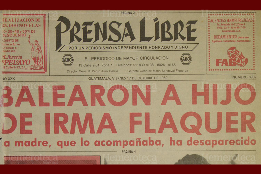 Portada de Prensa Libre donde se destacó la desaparición de Irma Flaquer. (Foto: Hemeroteca PL)