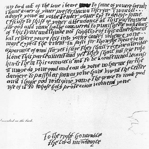 Carta anónima alertando al Lord Monteagle del peligro.GETTY IMAGES