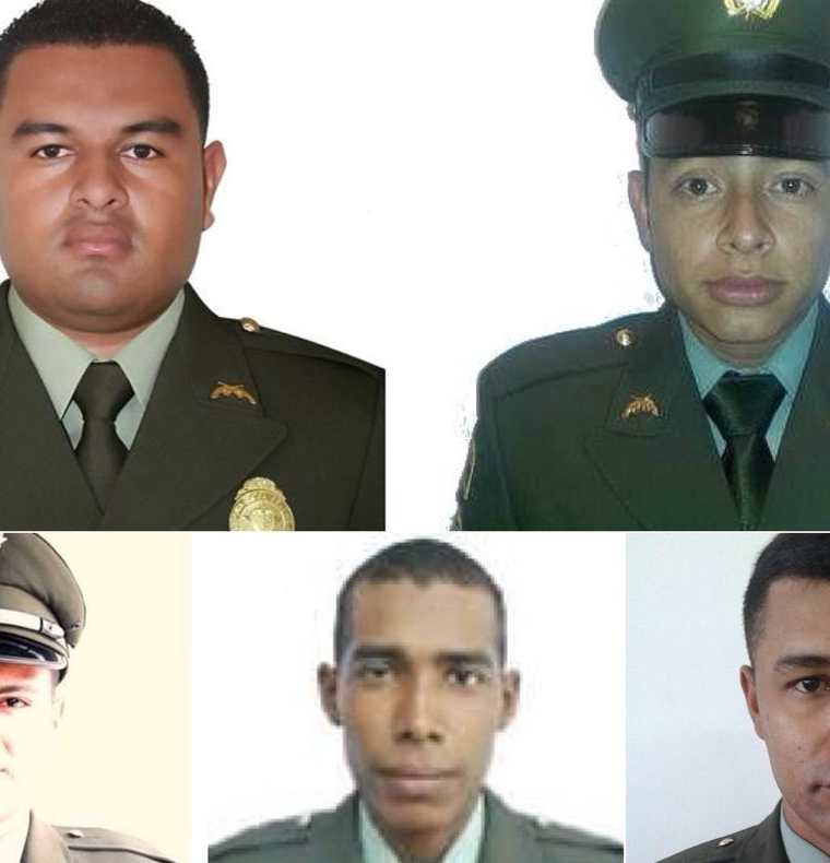 Fotografías de algunos de los policías que murieron por los atentados en Colombia. (Foto Prensa Libre: Twitter Policía de Colombia)