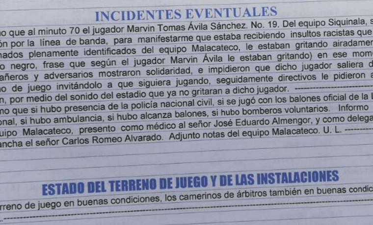 Este fue el reporte del Árbitro Raúl Antonio Gamarro, en el que evidencia los actos de racismo contra Ávila. (Foto Prensa Libre: Hemeroteca PL)