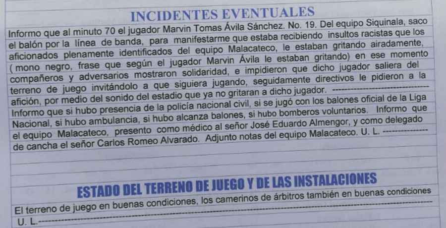 Este fue el reporte del Árbitro Raúl Antonio Gamarro, en el que evidencia los actos de racismo contra Ávila. (Foto Prensa Libre: Hemeroteca PL)