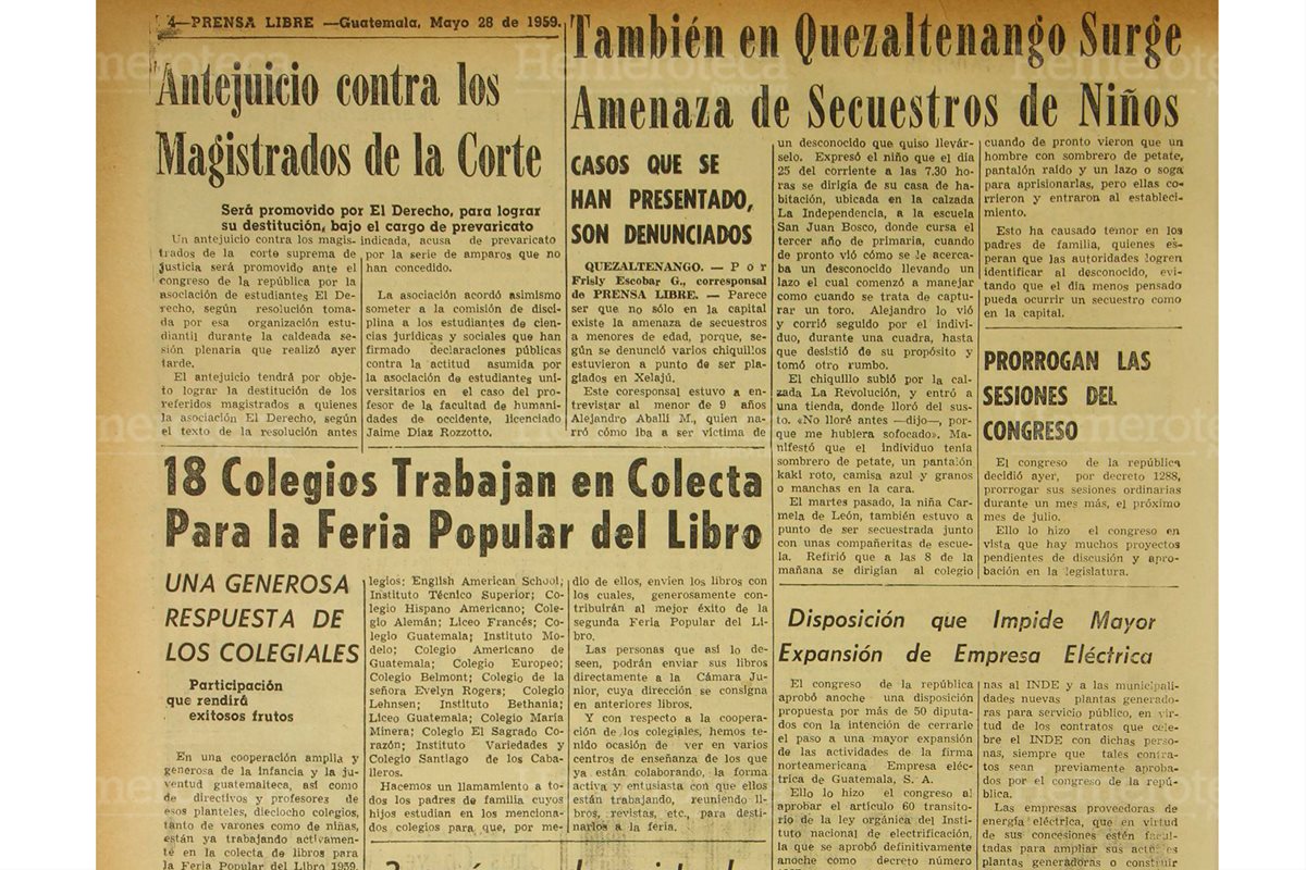 En la pagina 4 de Prensa Libre del 28/5/1959 se dio a conocer la aprobación del artículo 60 de la Ley Orgánica del INDE. (Foto: Hemeroteca PL)
