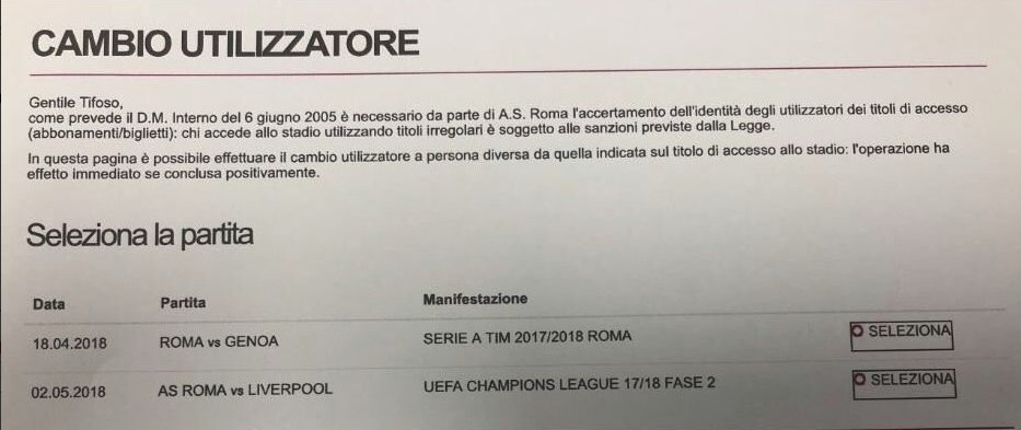 Este es el anuncio que el sitio web de la Roma había hecho sobre la venta de boletos para el partido de vuelta con fecha 2 de mayo. (Foto Prensa Libre: Internet)