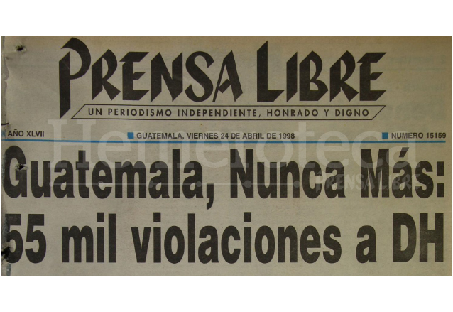 Titular de Prensa Libre del 24 de abril de 1998 informando sobre la presentación del informe del Remhi. (Foto: Hemeroteca PL)