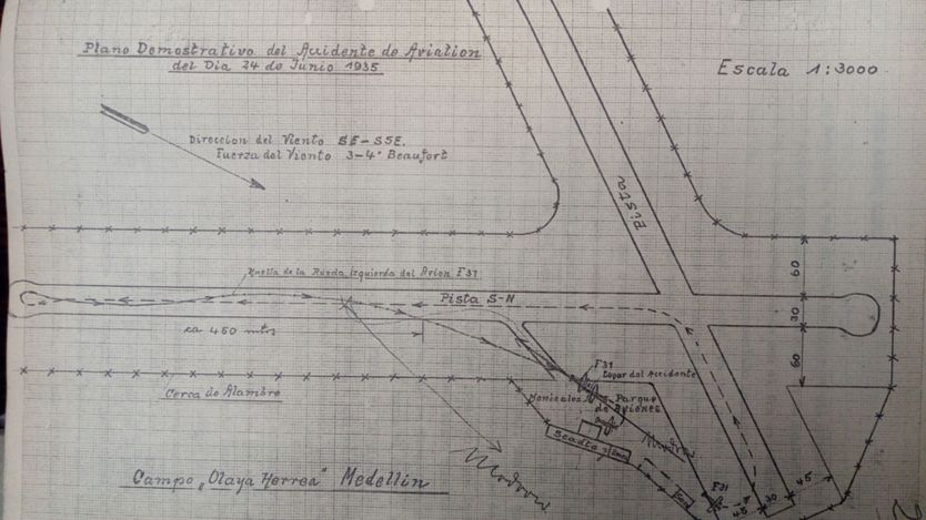 Uno de los croquis del accidente que está incluido en el expediente de la justicia colombiana y que Artana utilizó para hacer sus cálculos. RAMA JUDICIAL DE COLOMBIA