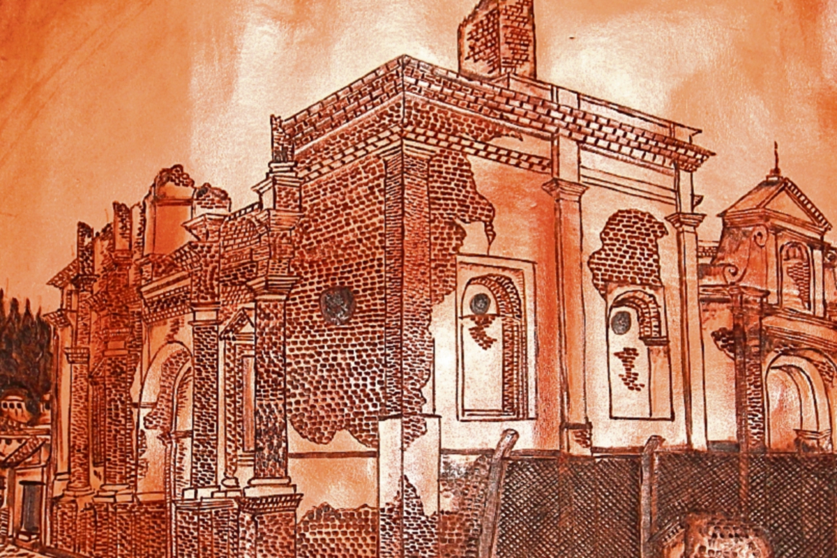 pintura de las ruinas de la iglesia de San Sebastián, Antigua Guatemala, de José Raúl Caxaj.