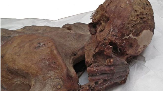 Se cree que la momia corresponde a un varón de entre 18 y 21 años. El tatuaje aparece como una mancha oscura en la parte superior de su brazo. (Foto: Museo Británico de Londres)