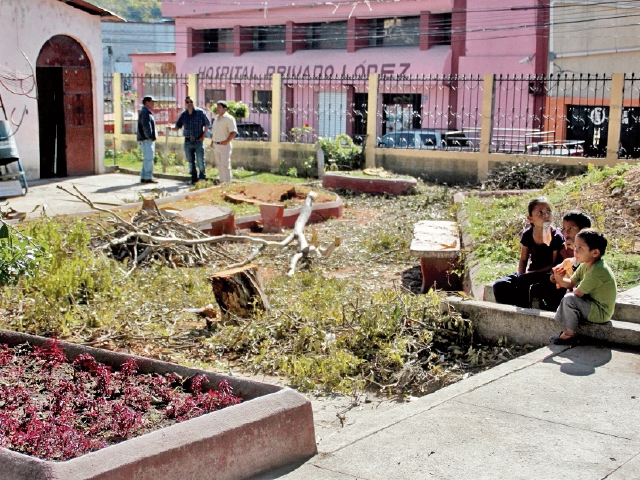 Niños observan lo que quedó de los árboles talados en el parque El Calvario, de Huehuetenango. (Foto Prensa Libre: Mike Castillo).