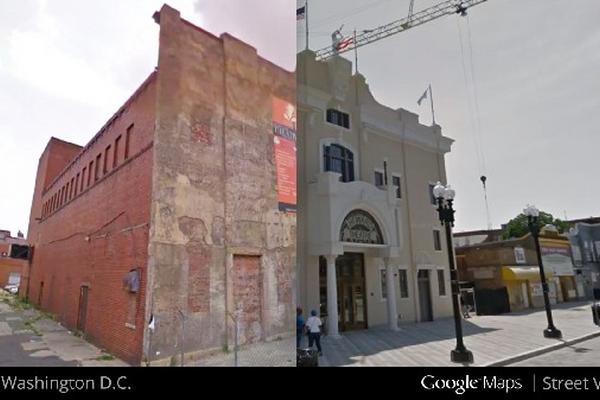 Fachada del teatro Howard en Washington en 2009, y durante su renovación en 2012 (Foto Prensa Libre: AP)