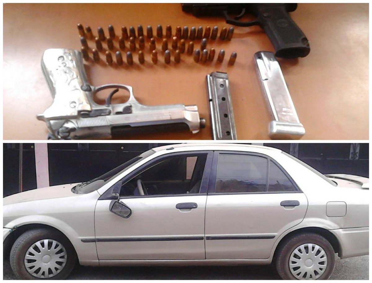 Tres pistolas y un vehículo fueron incautados a tres supuestos pandilleros en Villa Hermosa, San Miguel Petapa. (Foto Prensa Libre: PNC)