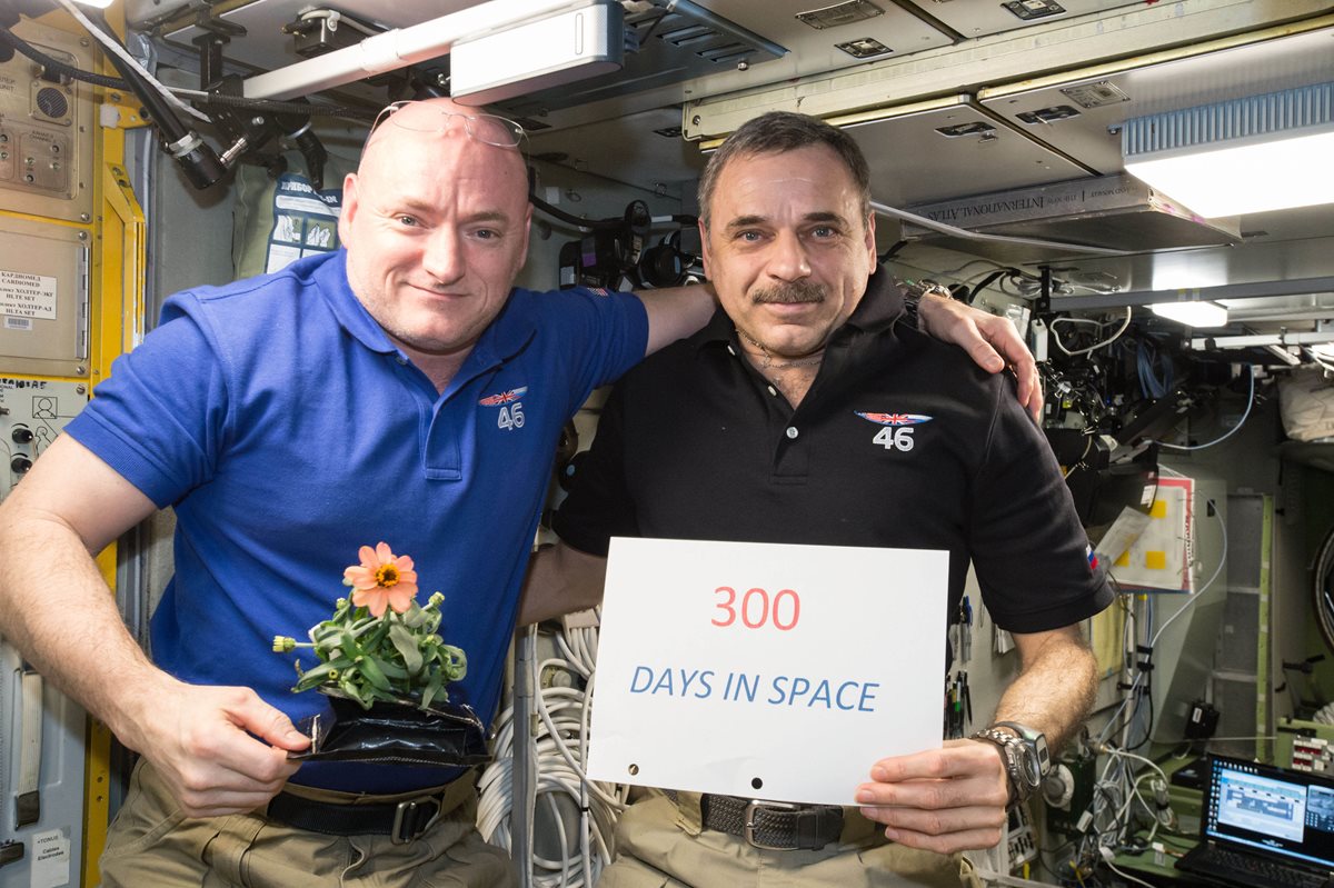 Scott Kelly (izq.), de la Nasa, junto a Mikhail Kornienko, de Roscosmos, celebran su 300 día consecutivo en el espacio. (Foto Prensa Libre: AP).