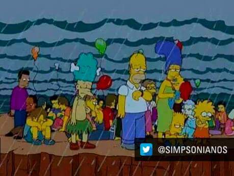 Algunos internautas compararon esta imagen de los Simpsons con la final del Mundial. Coincidieron en el clima lluvioso de esta tarde en Luzhniki. (Foto Prensa Libre: Redes Sociales)