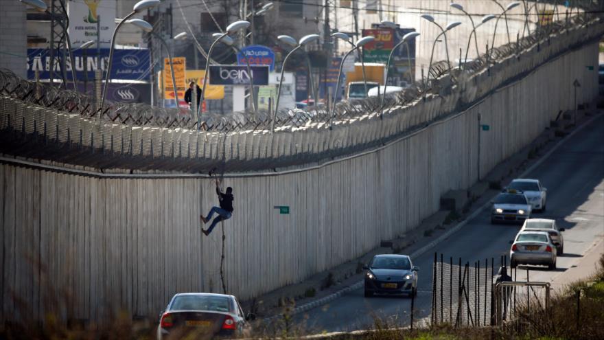 Un palestino intenta cruzar por encima un muro de separación israelí en Cisjordania.(Foto Prensa Libre: EFE)