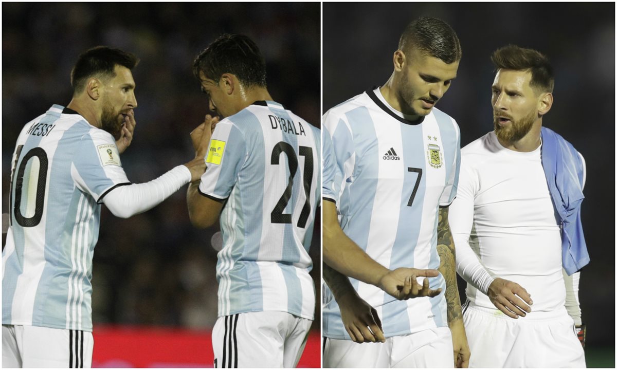 Lionel Messi conversó con Paulo Dybala y Mauro Icardi, durante el juego entre Argentina y Uruguay. (Foto Prensa Libre: AP)