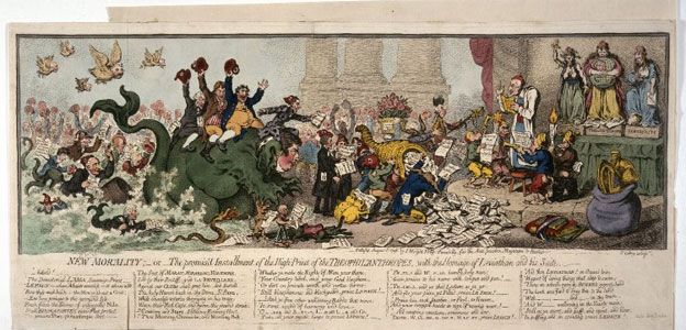 La Revolución Francesa hizo que la opinión se volviera en contra de los liberales como Darwin y sus amigos, muchos de ellos en esta caricatura. Pero con él se ensañaron de una manera muy particular, y lograron destruir su reputación. (Imagen © The Trustees of the British Museum) EMPICS
