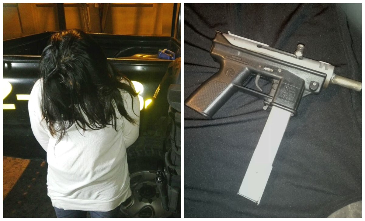 La menor de 17 años detenida por portar una subametralladora, en la colonia Pinares del Norte, zona 18. (Foto Prensa Libre: PNC)