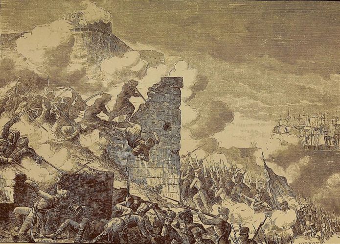 Grabado que representa el Asedio de Acre, el sitio francés de la ciudad amurallada defendida por los otomanos durante la invasión napoleónica de Egipto.