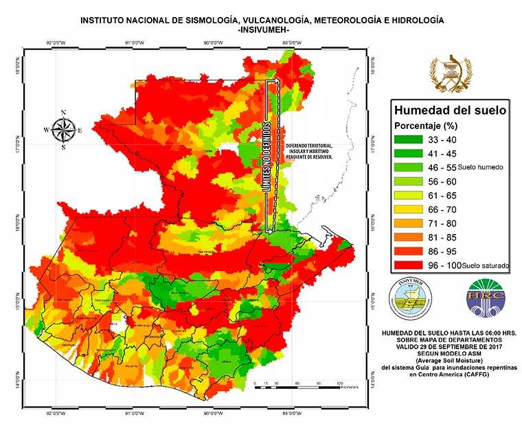 Mapa de humedad y saturación del suelo compartido por el Insivumeh. (Foto Prensa Libre: Insivumeh)