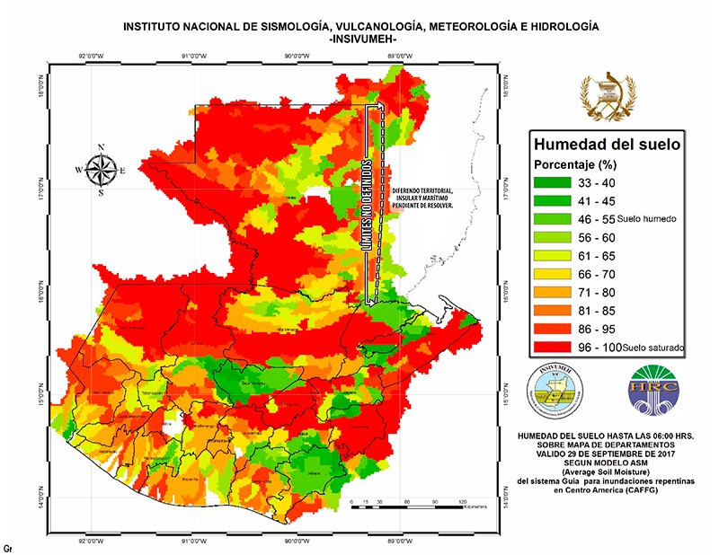 Mapa de humedad y saturación del suelo compartido por el Insivumeh. (Foto Prensa Libre: Insivumeh)