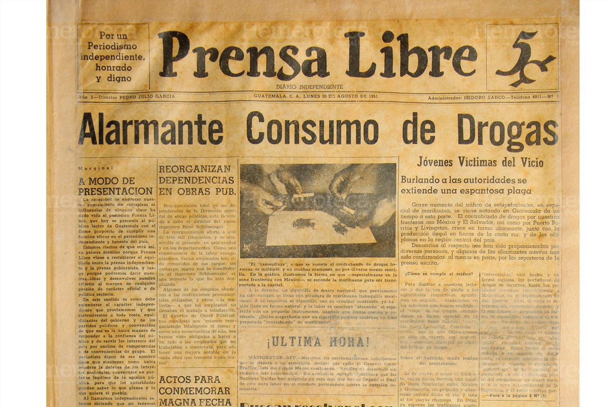 Primera portada de Prensa Libre informando el alarmante consumo de drogas por jóvenes guatemaltecos.20/8/1951. Foto( Hemeroteca PL)