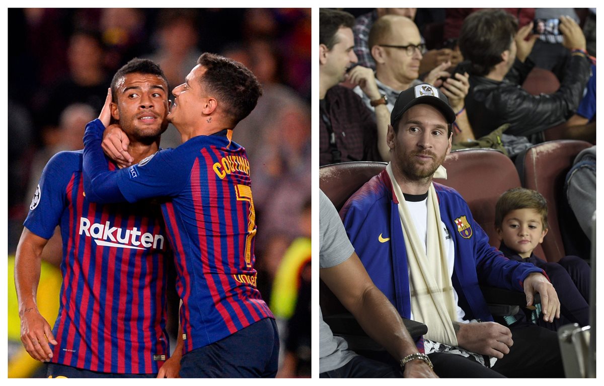 Los jugadores del Barcelona festejaban en el campo y Leo Messi observaba el juego desde el palco. (Foto Prensa Libre: AFP)