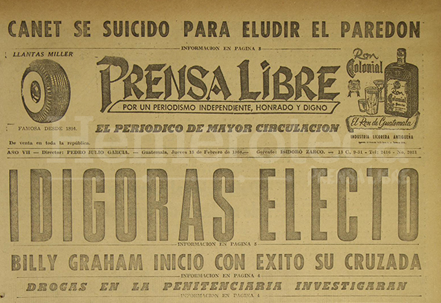 Titular de Prensa Libre del 13 de febrero de 1958. (Foto: Hemeroteca PL)